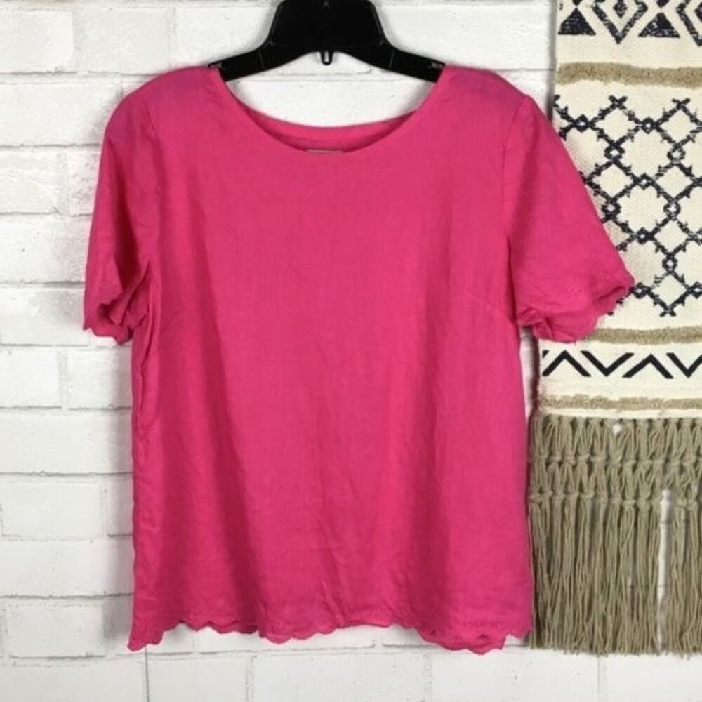 J.Crew Pink 100% Linen Short Sleeve Scalloped Hem Blouse Top Womens Size 2